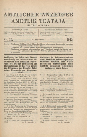 Ametlik Teataja. III osa = Amtlicher Anzeiger. III Teil ; 30 1942-09-26