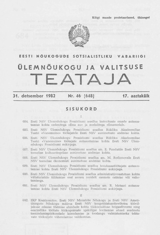 Eesti Nõukogude Sotsialistliku Vabariigi Ülemnõukogu ja Valitsuse Teataja ; 46 (648) 1982-12-31