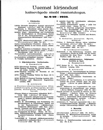 Uuemat Kirjandust Kaitsevägede Staabi raamatukogus ; 9-10 1932