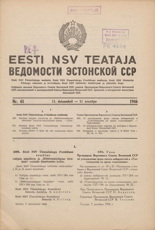 Eesti NSV Teataja = Ведомости Эстонской ССР ; 61 1946-12-11