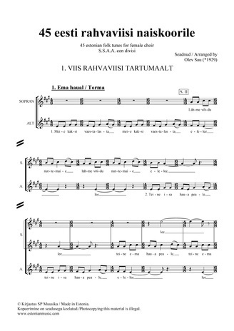 45 rahvaviisi naiskoorile = 45 folk tunes for female choir 