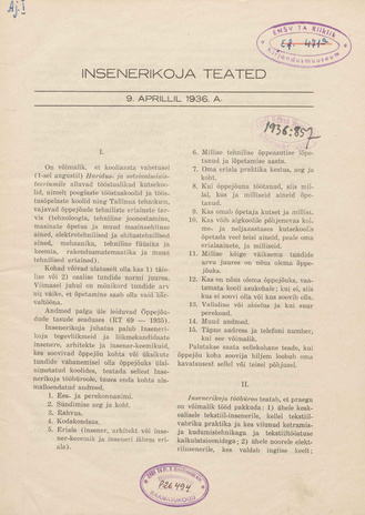 Insenerikoja Teated : ajakiri ; 1936-04-09