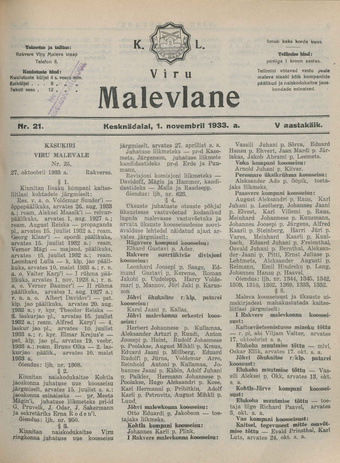 K. L. Viru Malevlane ; 21 1933-11-01