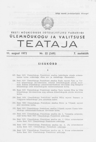 Eesti Nõukogude Sotsialistliku Vabariigi Ülemnõukogu ja Valitsuse Teataja ; 32 (349) 1972-08-11