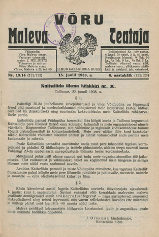 Võru Maleva Teataja ; 13/14 (122/123) 1938-07-15