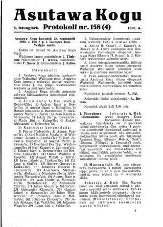 Asutawa Kogu protokoll nr.158 (4) (28. september 1920)