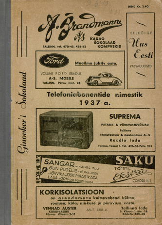 Telefoniabonentide üleriigiline nimestik 1937 sügisel : maa tähestiku ja linnad numbrite järjestuses 