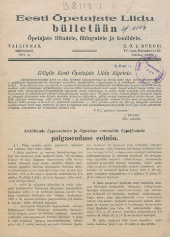 Eesti Õpetajate Liidu bülletään ; 1 1927-03