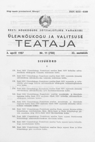 Eesti Nõukogude Sotsialistliku Vabariigi Ülemnõukogu ja Valitsuse Teataja ; 11 (788) 1987-04-03