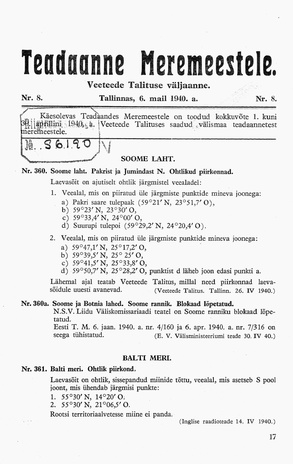 Teadaanne Meremeestele : Veeteede Talituse väljaanne ; 8 1940-05-06