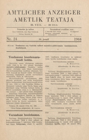 Ametlik Teataja. III osa = Amtlicher Anzeiger. III Teil ; 24 1944-06-30