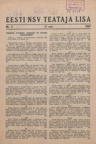 Eesti NSV Teataja lisa ; 2 1947-05-27