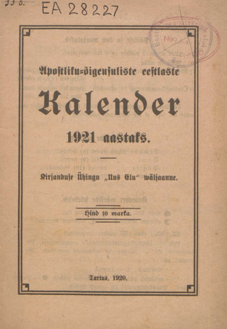 Apostlik-õigeusuliste eestlaste kalender 1921 aastaks ; 1920