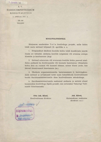 Koolivalitsustele : [ringkiri] nr. 330 : 2. aprillil 1937. a. : [koolivõrgu projekt] 