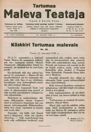 Tartumaa Maleva Teataja ; 19/20 (232/233) 1938-10-28
