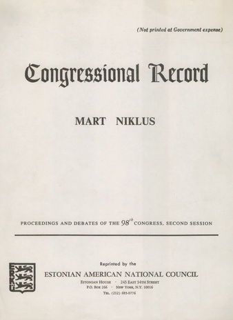 Mart Niklus : congressional record : proceedings and debates of the 98th congress, second session 