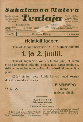 Sakalamaa Maleva Teataja ; 13 1933-06-13