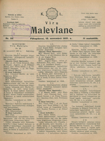 K. L. Viru Malevlane ; 22 1931-11-15