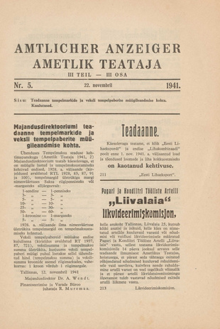 Ametlik Teataja. III osa = Amtlicher Anzeiger. III Teil ; 5 1941-11-22