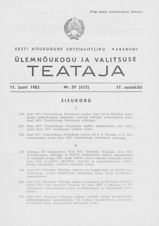 Eesti Nõukogude Sotsialistliku Vabariigi Ülemnõukogu ja Valitsuse Teataja ; 20 (622) 1982-06-11