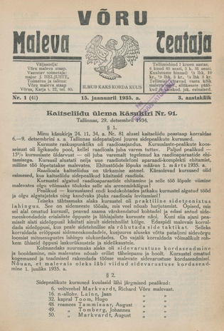 Võru Maleva Teataja ; 1 (41) 1935-01-15