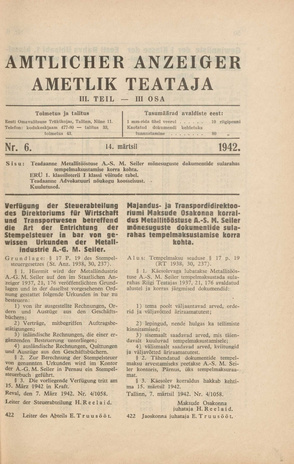 Ametlik Teataja. III osa = Amtlicher Anzeiger. III Teil ; 6 1942-03-14