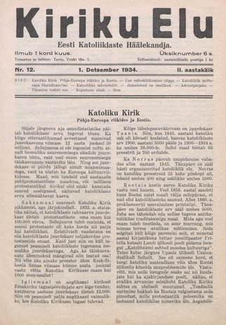 Kiriku Elu : Eesti Katoliiklaste Häälekandja ; 12 1934-12-01