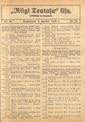 Riigi Teataja Lisa : seaduste alustel avaldatud teadaanded ; 30 1926-04-03