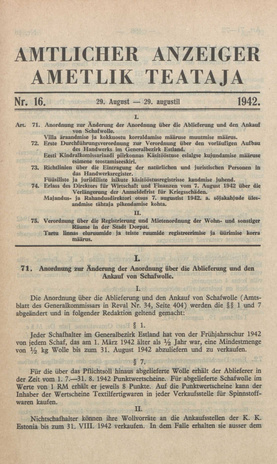 Ametlik Teataja. I/II osa = Amtlicher Anzeiger. I/II Teil ; 16 1942-08-29