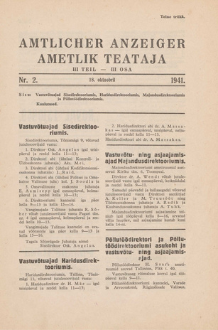 Ametlik Teataja. III osa = Amtlicher Anzeiger. III Teil ; 2 1941-10-18