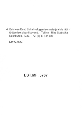Esimese Eesti üldrahvalugemise materjaalide läbitöötamise plaani kavand