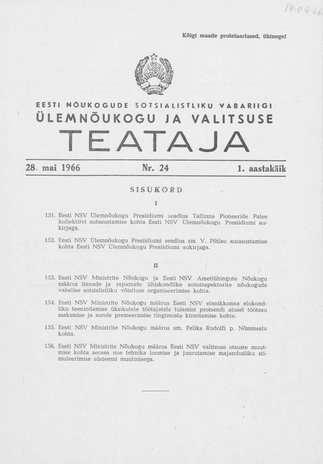 Eesti Nõukogude Sotsialistliku Vabariigi Ülemnõukogu ja Valitsuse Teataja ; 24 1966-05-28