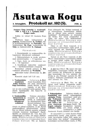 Asutawa Kogu protokoll nr.102 (5) (3. veebruar 1920)