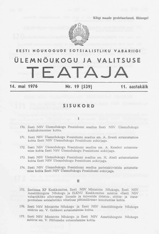 Eesti Nõukogude Sotsialistliku Vabariigi Ülemnõukogu ja Valitsuse Teataja ; 19 (539) 1976-05-14