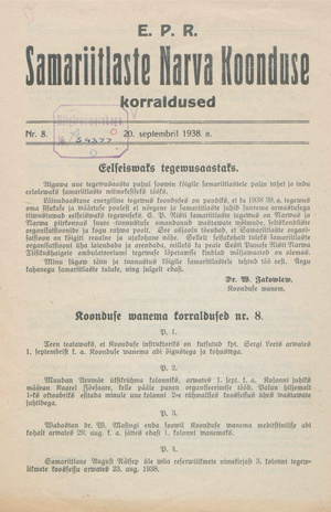 EPR Samariitlaste Narva Koonduse korraldused ; 8 1938-09-20