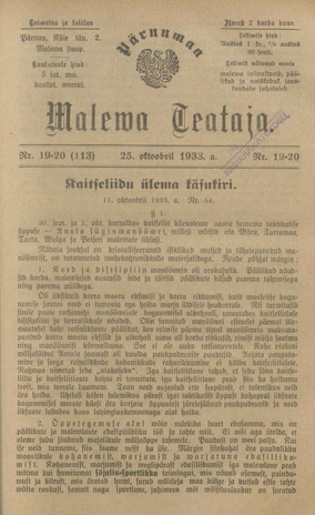 Pärnumaa Maleva Teataja ; 19-20 (113) 1933-10-25