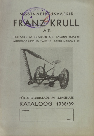 Põllutööriistade ja masinate kataloog : 1938/39