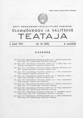 Eesti Nõukogude Sotsialistliku Vabariigi Ülemnõukogu ja Valitsuse Teataja ; 22 (289) 1971-06-04