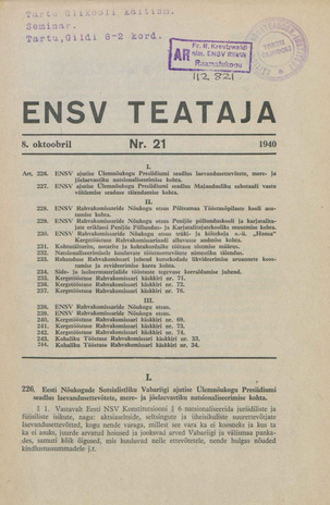 Eesti NSV Teataja ; 21 1940-10-08