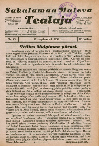 Sakalamaa Maleva Teataja ; 15 1932-09-17