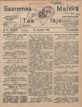 Saaremaa Maleva Teataja ; 1/2 (114/115) 1934-01-10