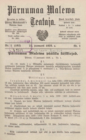 Pärnumaa Maleva Teataja ; 1 (185) 1938-01-22