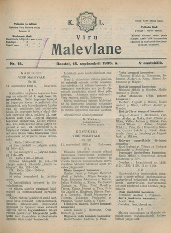 K. L. Viru Malevlane ; 18 1933-09-15