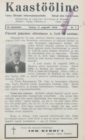 Kaastööline : Tartu Ühisabi Informatsioonileht ; 8 1939-08-17