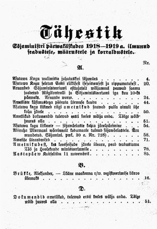 Tähestik Sõjaministri päewakäskudes 1918-1919 a. ilmunud seadustele, määrustele ja korraldustele