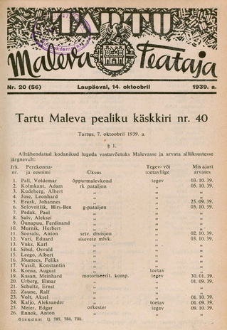 Tartu Maleva Teataja ; 20 (56) 1939-10-14