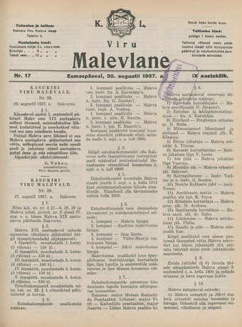 K. L. Viru Malevlane ; 17 1937-08-30
