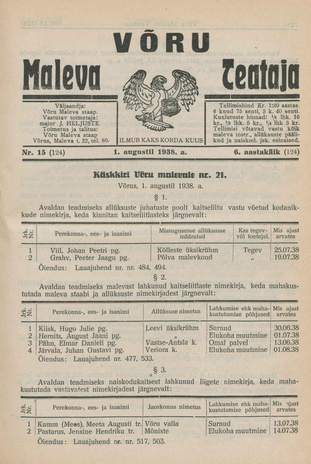 Võru Maleva Teataja ; 15 (124) 1938-08-01