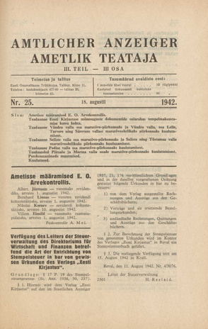 Ametlik Teataja. III osa = Amtlicher Anzeiger. III Teil ; 25 1942-08-18