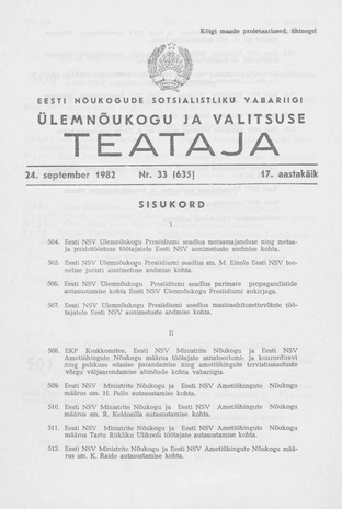 Eesti Nõukogude Sotsialistliku Vabariigi Ülemnõukogu ja Valitsuse Teataja ; 33 (635) 1982-09-24